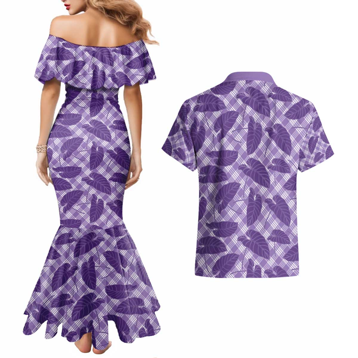 Purple Hawaii Kalo Palaka Motifs Couples Matching Mermaid Dress and Hawaiian Shirt Hawaiian Taro Leaves Elegant Vibes - Polynesian Pride