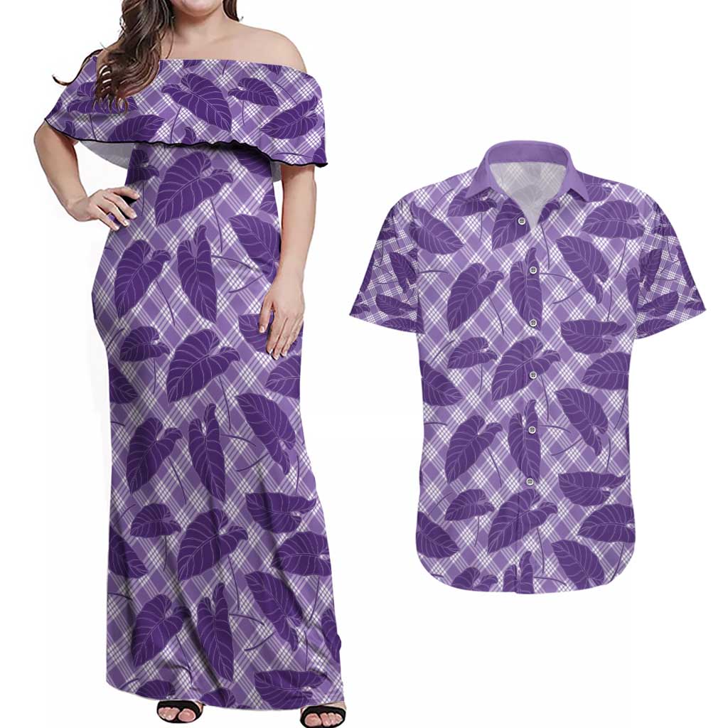 Purple Hawaii Kalo Palaka Motifs Couples Matching Off Shoulder Maxi Dress and Hawaiian Shirt Hawaiian Taro Leaves Elegant Vibes - Polynesian Pride