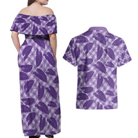 Purple Hawaii Kalo Palaka Motifs Couples Matching Off Shoulder Maxi Dress and Hawaiian Shirt Hawaiian Taro Leaves Elegant Vibes - Polynesian Pride