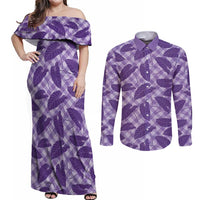 Purple Hawaii Kalo Palaka Motifs Couples Matching Off Shoulder Maxi Dress and Long Sleeve Button Shirt Hawaiian Taro Leaves Elegant Vibes - Polynesian Pride