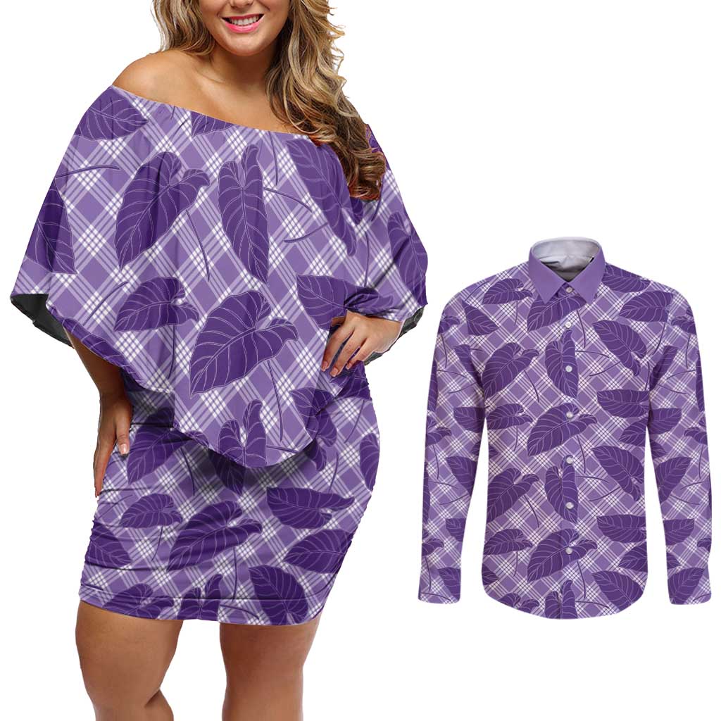 Purple Hawaii Kalo Palaka Motifs Couples Matching Off Shoulder Short Dress and Long Sleeve Button Shirt Hawaiian Taro Leaves Elegant Vibes - Polynesian Pride