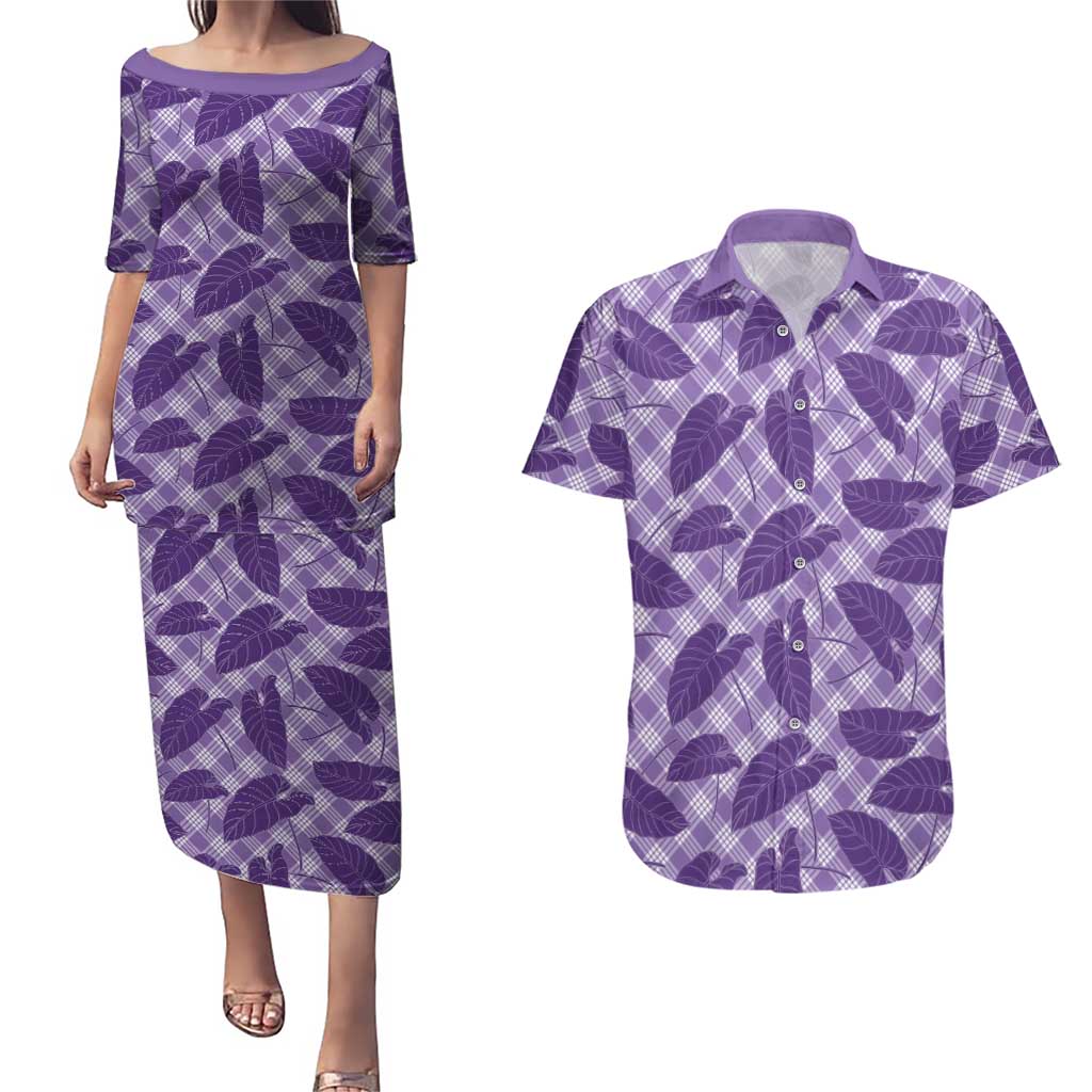 Purple Hawaii Kalo Palaka Motifs Couples Matching Puletasi and Hawaiian Shirt Hawaiian Taro Leaves Elegant Vibes - Polynesian Pride