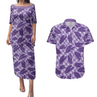 Purple Hawaii Kalo Palaka Motifs Couples Matching Puletasi and Hawaiian Shirt Hawaiian Taro Leaves Elegant Vibes - Polynesian Pride