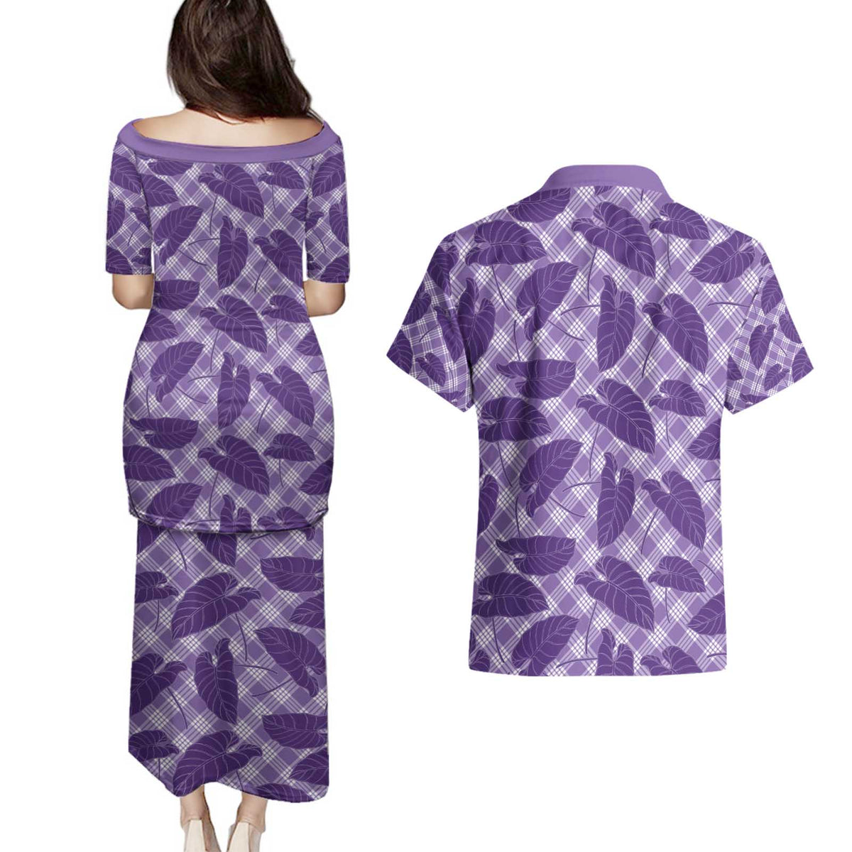 Purple Hawaii Kalo Palaka Motifs Couples Matching Puletasi and Hawaiian Shirt Hawaiian Taro Leaves Elegant Vibes - Polynesian Pride