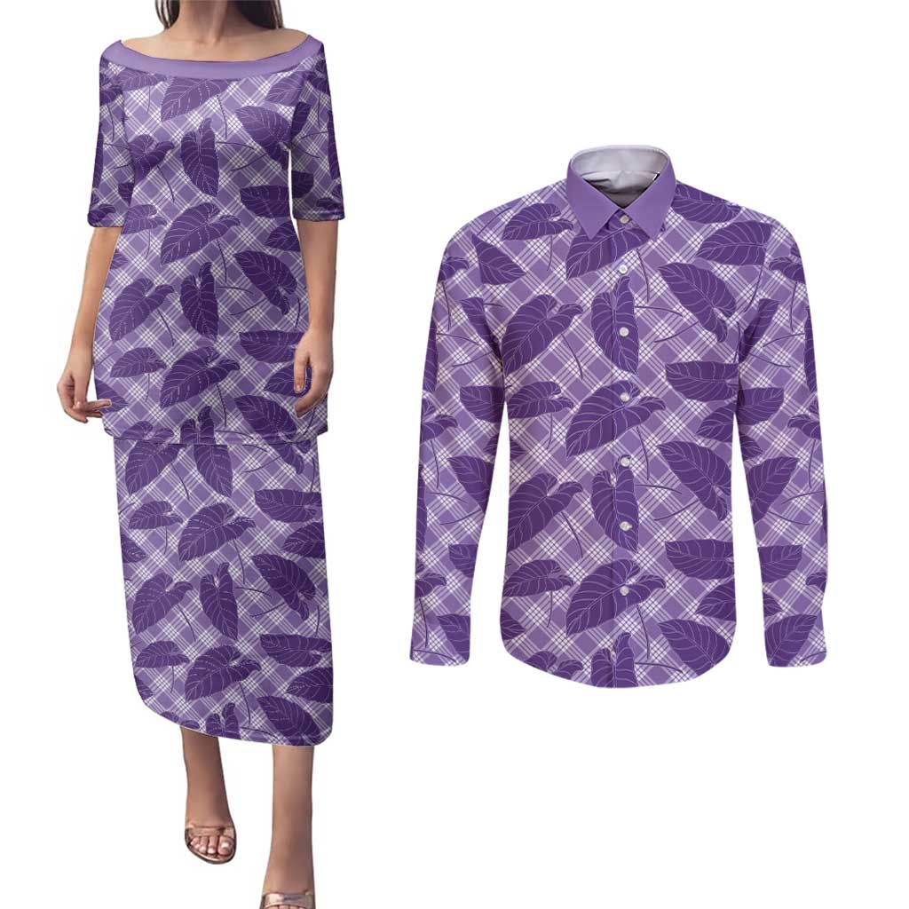 Purple Hawaii Kalo Palaka Motifs Couples Matching Puletasi and Long Sleeve Button Shirt Hawaiian Taro Leaves Elegant Vibes - Polynesian Pride