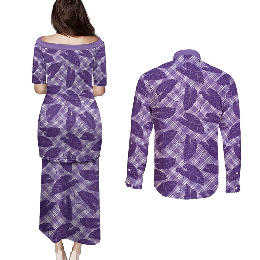 Purple Hawaii Kalo Palaka Motifs Couples Matching Puletasi and Long Sleeve Button Shirt Hawaiian Taro Leaves Elegant Vibes - Polynesian Pride