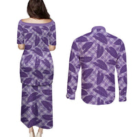 Purple Hawaii Kalo Palaka Motifs Couples Matching Puletasi and Long Sleeve Button Shirt Hawaiian Taro Leaves Elegant Vibes - Polynesian Pride