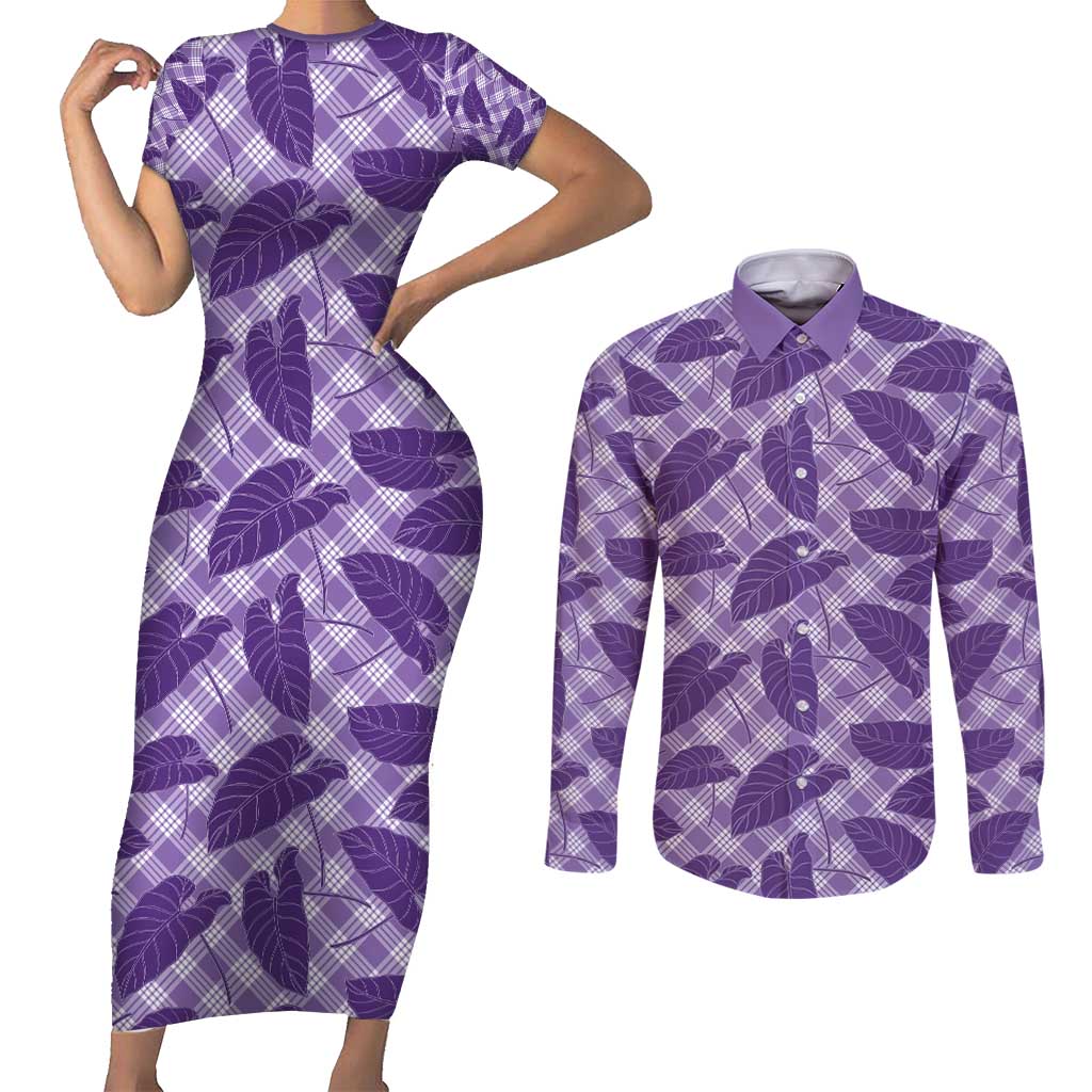 Purple Hawaii Kalo Palaka Motifs Couples Matching Short Sleeve Bodycon Dress and Long Sleeve Button Shirt Hawaiian Taro Leaves Elegant Vibes - Polynesian Pride