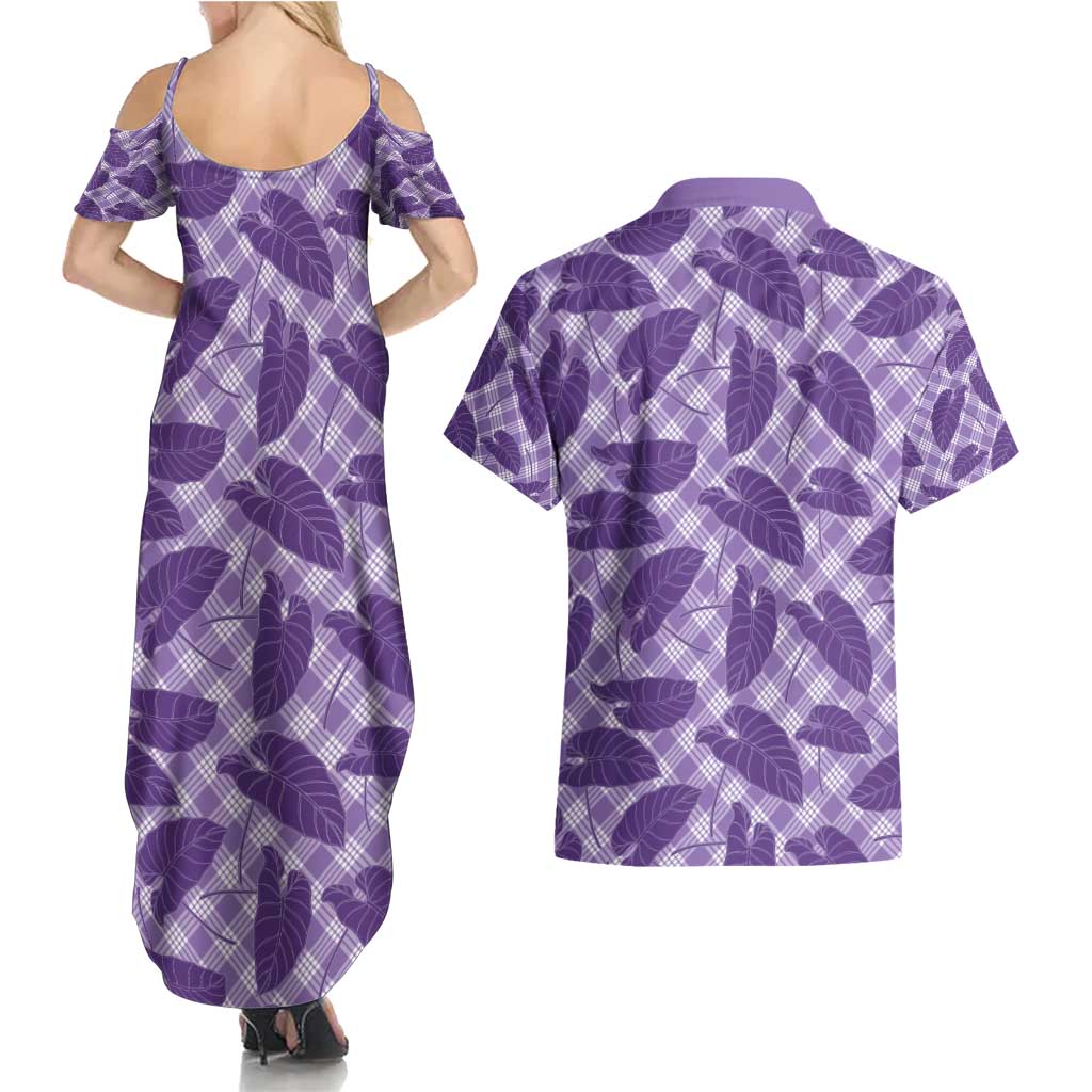 Purple Hawaii Kalo Palaka Motifs Couples Matching Summer Maxi Dress and Hawaiian Shirt Hawaiian Taro Leaves Elegant Vibes - Polynesian Pride