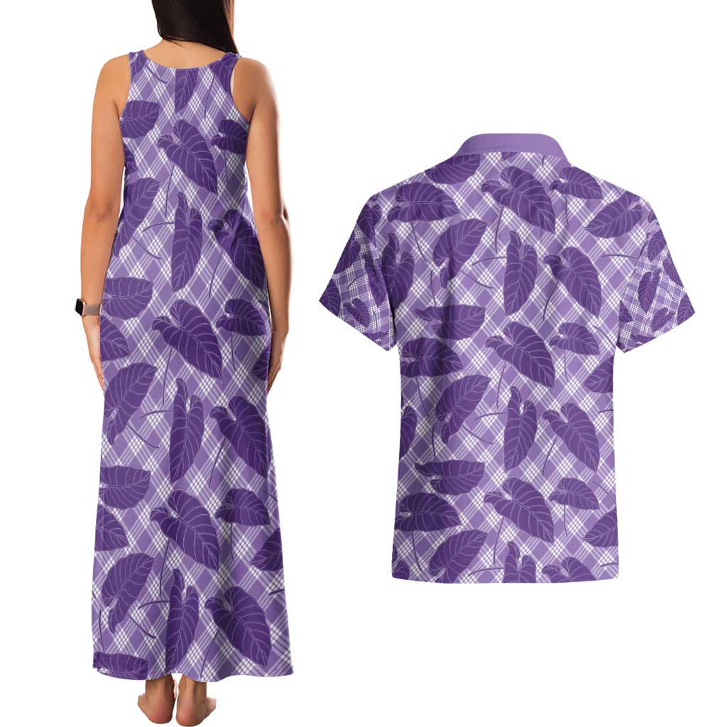 Purple Hawaii Kalo Palaka Motifs Couples Matching Tank Maxi Dress and Hawaiian Shirt Hawaiian Taro Leaves Elegant Vibes - Polynesian Pride