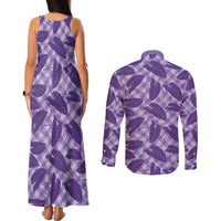 Purple Hawaii Kalo Palaka Motifs Couples Matching Tank Maxi Dress and Long Sleeve Button Shirt Hawaiian Taro Leaves Elegant Vibes - Polynesian Pride