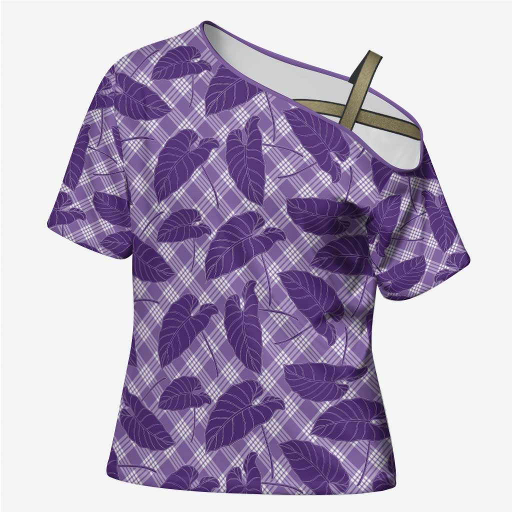 Purple Hawaii Kalo Palaka Motifs Cross Shoulder Shirt Hawaiian Taro Leaves Elegant Vibes - Polynesian Pride