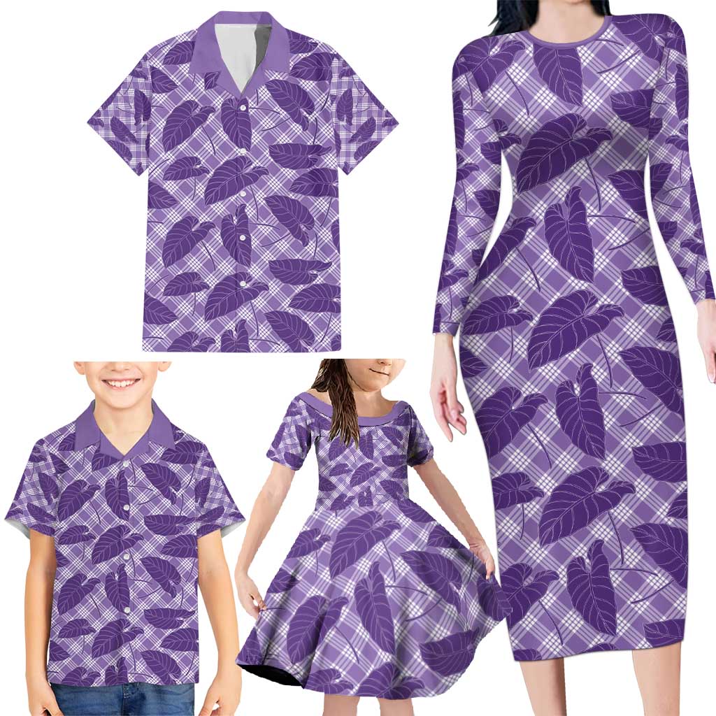 Purple Hawaii Kalo Palaka Motifs Family Matching Long Sleeve Bodycon Dress and Hawaiian Shirt Hawaiian Taro Leaves Elegant Vibes - Polynesian Pride