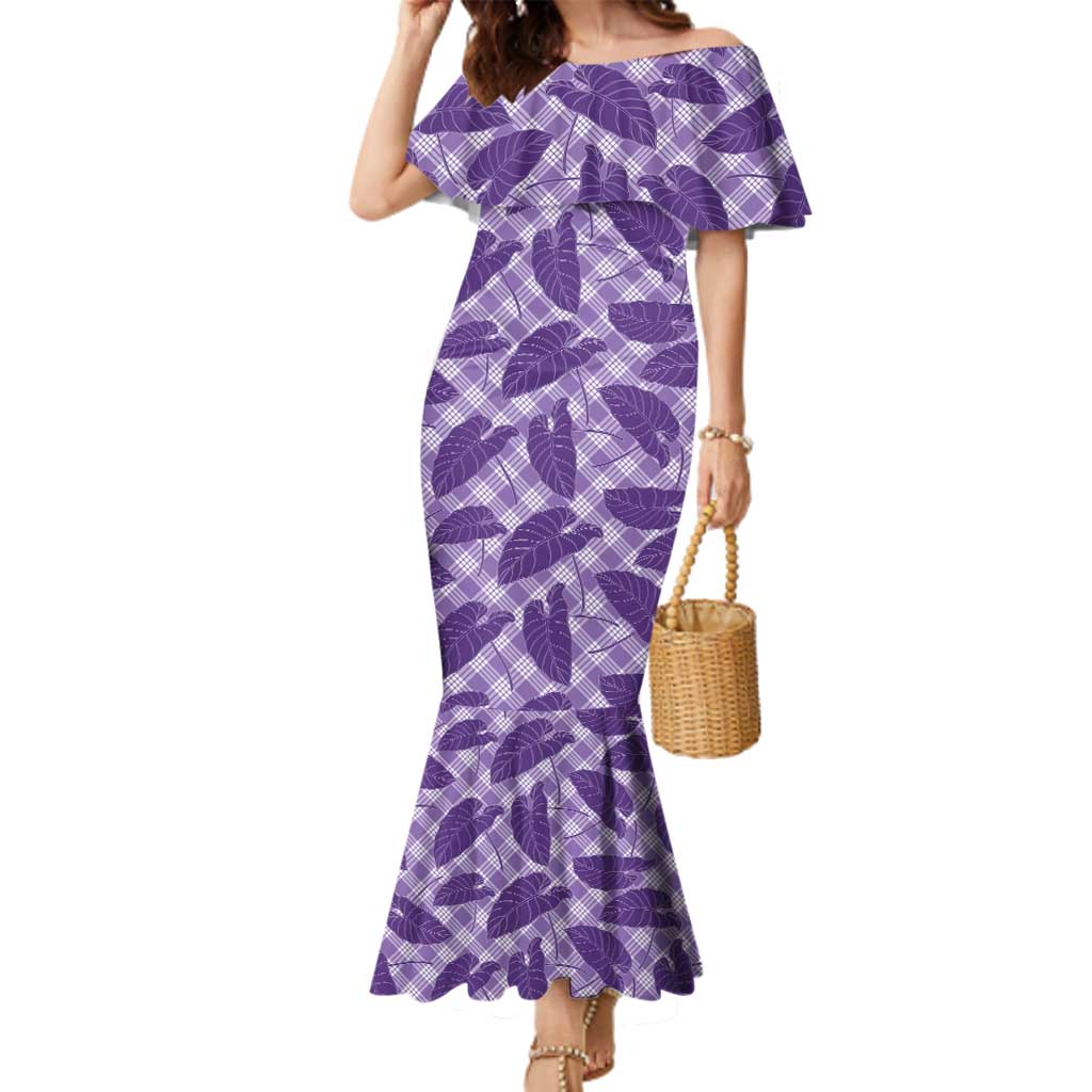 Purple Hawaii Kalo Palaka Motifs Family Matching Mermaid Dress and Hawaiian Shirt Hawaiian Taro Leaves Elegant Vibes - Polynesian Pride