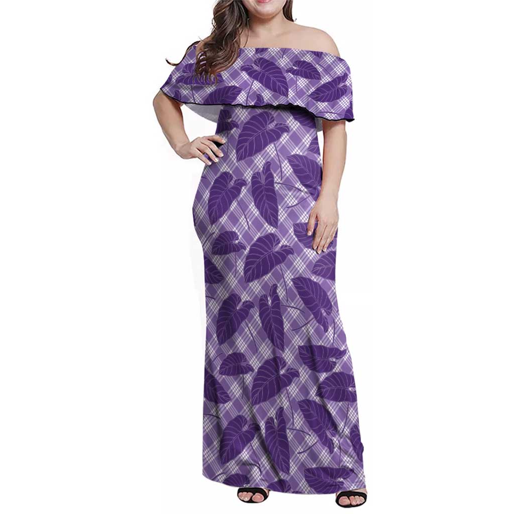 Purple Hawaii Kalo Palaka Motifs Family Matching Off Shoulder Maxi Dress and Hawaiian Shirt Hawaiian Taro Leaves Elegant Vibes - Polynesian Pride