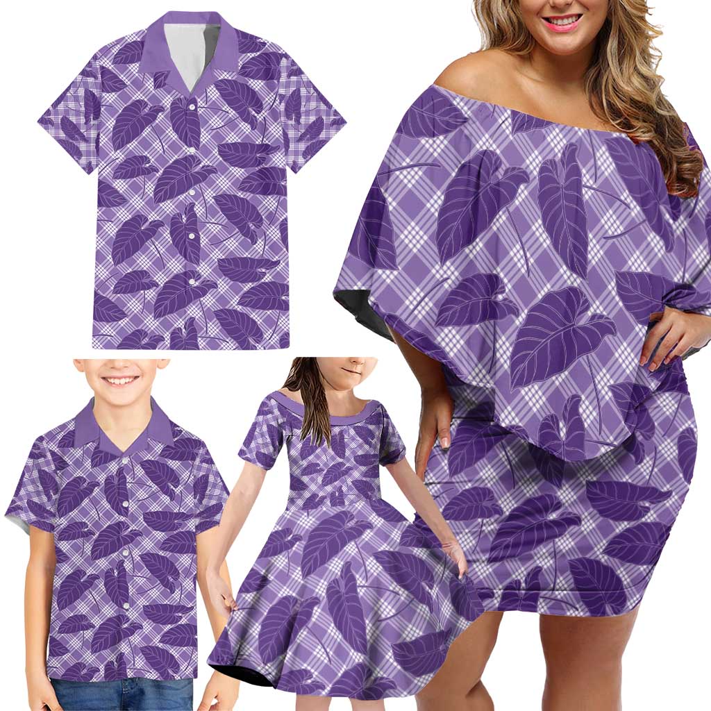 Purple Hawaii Kalo Palaka Motifs Family Matching Off Shoulder Short Dress and Hawaiian Shirt Hawaiian Taro Leaves Elegant Vibes - Polynesian Pride