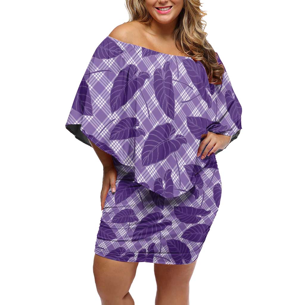 Purple Hawaii Kalo Palaka Motifs Family Matching Off Shoulder Short Dress and Hawaiian Shirt Hawaiian Taro Leaves Elegant Vibes - Polynesian Pride