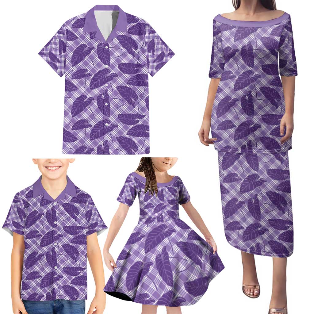 Purple Hawaii Kalo Palaka Motifs Family Matching Puletasi and Hawaiian Shirt Hawaiian Taro Leaves Elegant Vibes - Polynesian Pride