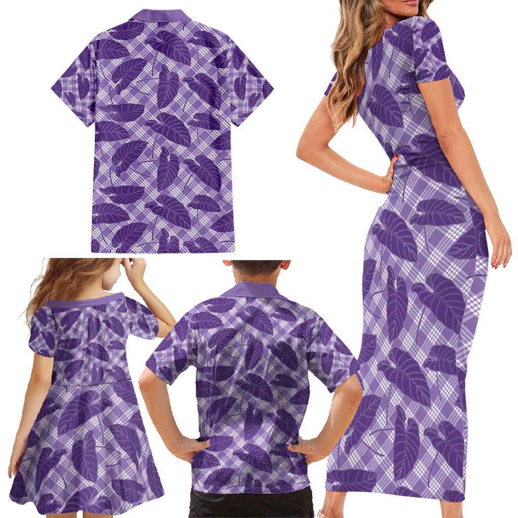 Purple Hawaii Kalo Palaka Motifs Family Matching Short Sleeve Bodycon Dress and Hawaiian Shirt Hawaiian Taro Leaves Elegant Vibes - Polynesian Pride