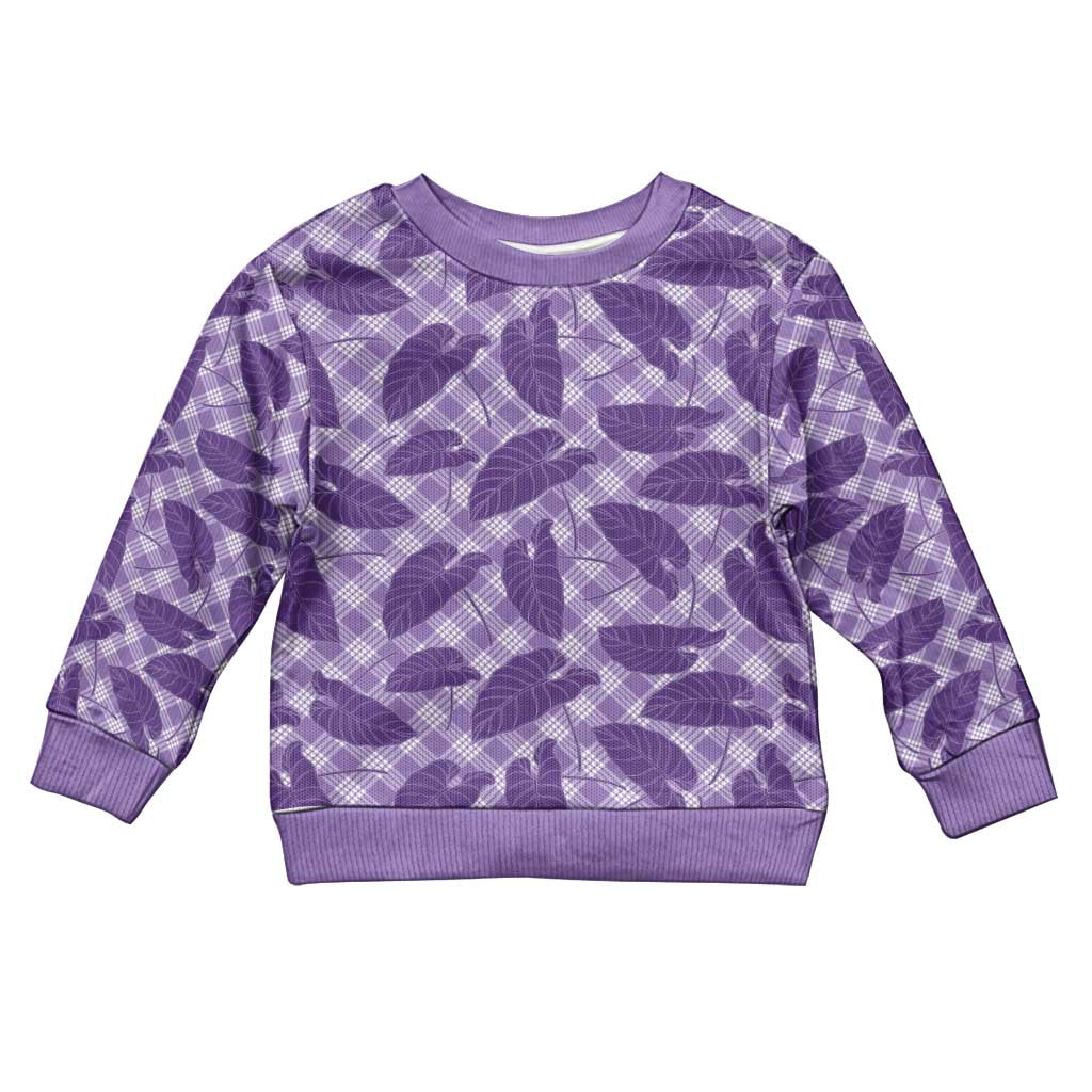 Purple Hawaii Kalo Palaka Motifs Kid Ugly Christmas Sweater Hawaiian Taro Leaves Elegant Vibes - Polynesian Pride