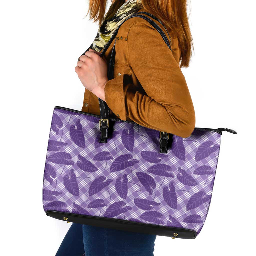 Purple Hawaii Kalo Palaka Motifs Leather Tote Bag Hawaiian Taro Leaves Elegant Vibes - Polynesian Pride