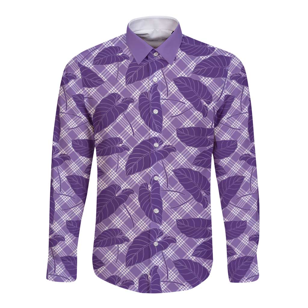 Purple Hawaii Kalo Palaka Motifs Long Sleeve Button Shirt Hawaiian Taro Leaves Elegant Vibes - Polynesian Pride