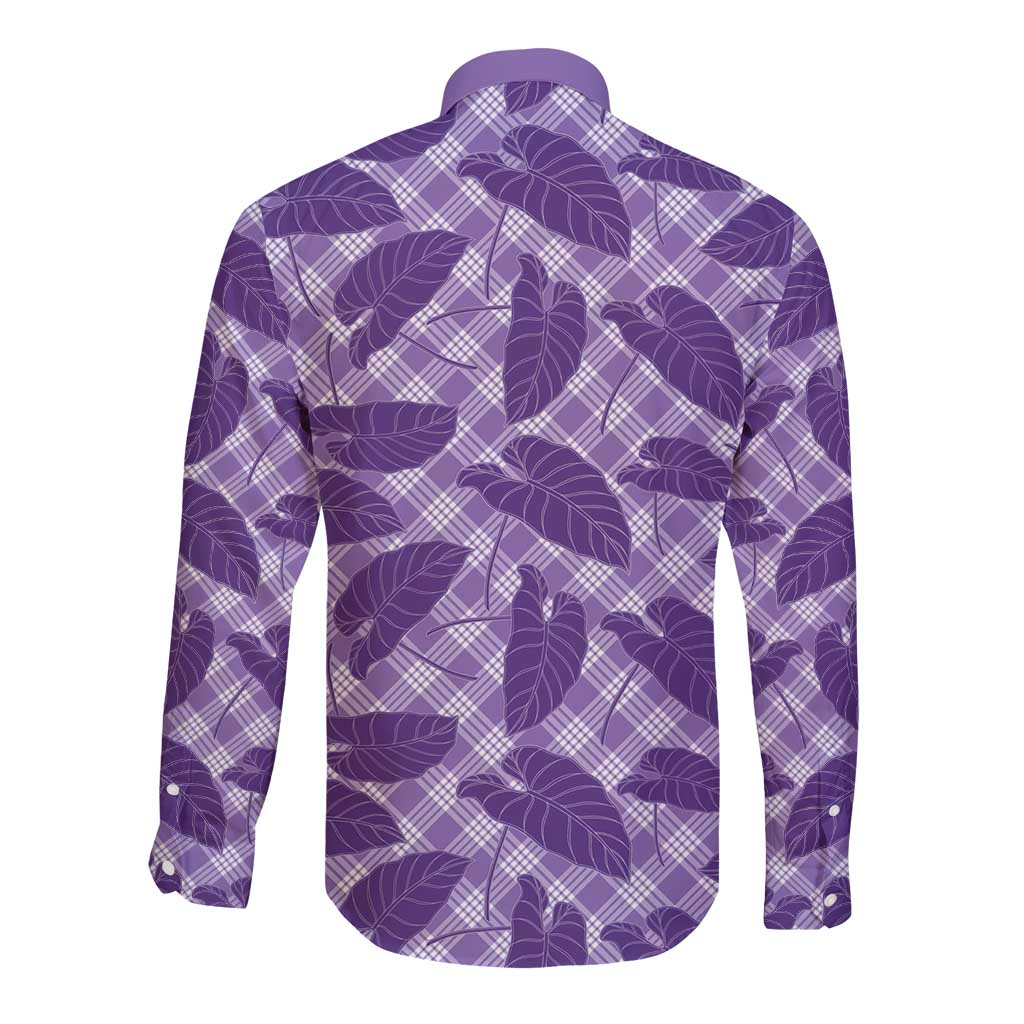 Purple Hawaii Kalo Palaka Motifs Long Sleeve Button Shirt Hawaiian Taro Leaves Elegant Vibes - Polynesian Pride