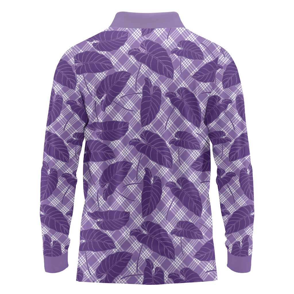 Purple Hawaii Kalo Palaka Motifs Long Sleeve Polo Shirt Hawaiian Taro Leaves Elegant Vibes - Polynesian Pride