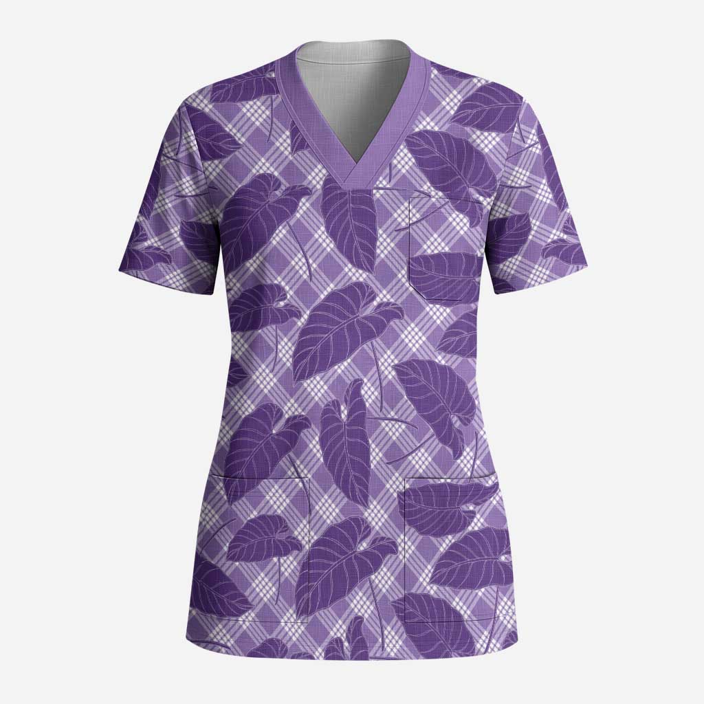 Purple Hawaii Kalo Palaka Motifs Scrub Top Hawaiian Taro Leaves Elegant Vibes - Polynesian Pride