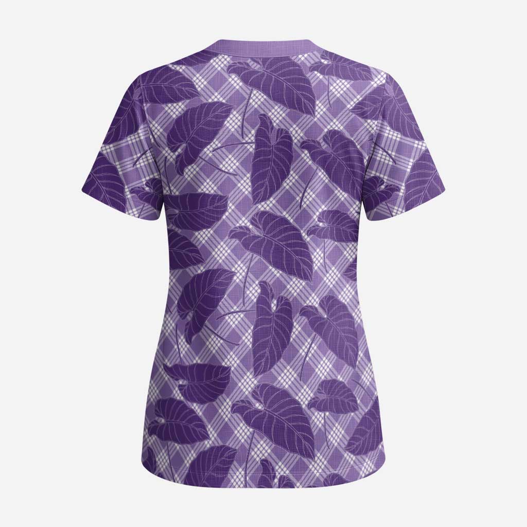 Purple Hawaii Kalo Palaka Motifs Scrub Top Hawaiian Taro Leaves Elegant Vibes - Polynesian Pride