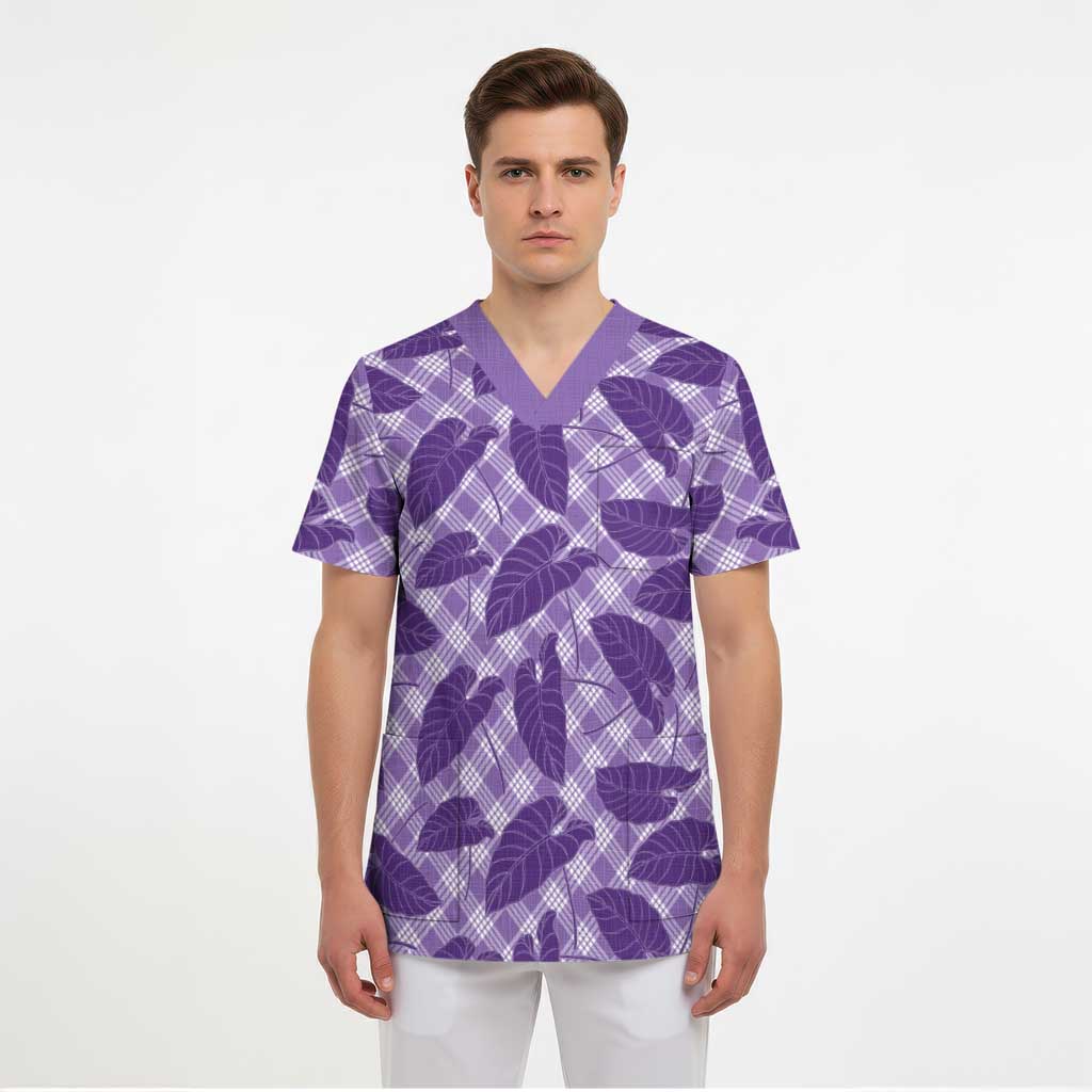 Purple Hawaii Kalo Palaka Motifs Scrub Top Hawaiian Taro Leaves Elegant Vibes - Polynesian Pride
