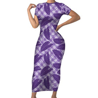 Purple Hawaii Kalo Palaka Motifs Short Sleeve Bodycon Dress Hawaiian Taro Leaves Elegant Vibes - Polynesian Pride