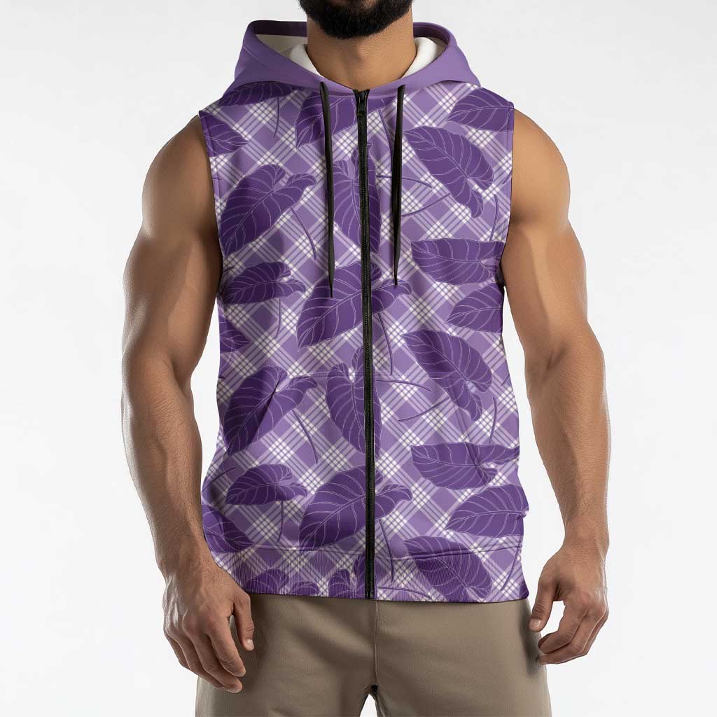 Purple Hawaii Kalo Palaka Motifs Sleeveless Zip Hoodie Hawaiian Taro Leaves Elegant Vibes - Polynesian Pride