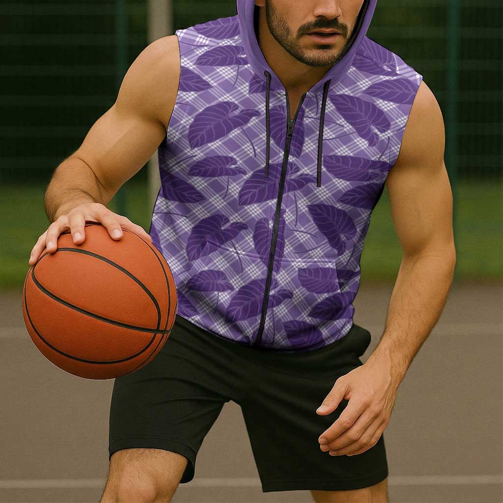 Purple Hawaii Kalo Palaka Motifs Sleeveless Zip Hoodie Hawaiian Taro Leaves Elegant Vibes - Polynesian Pride