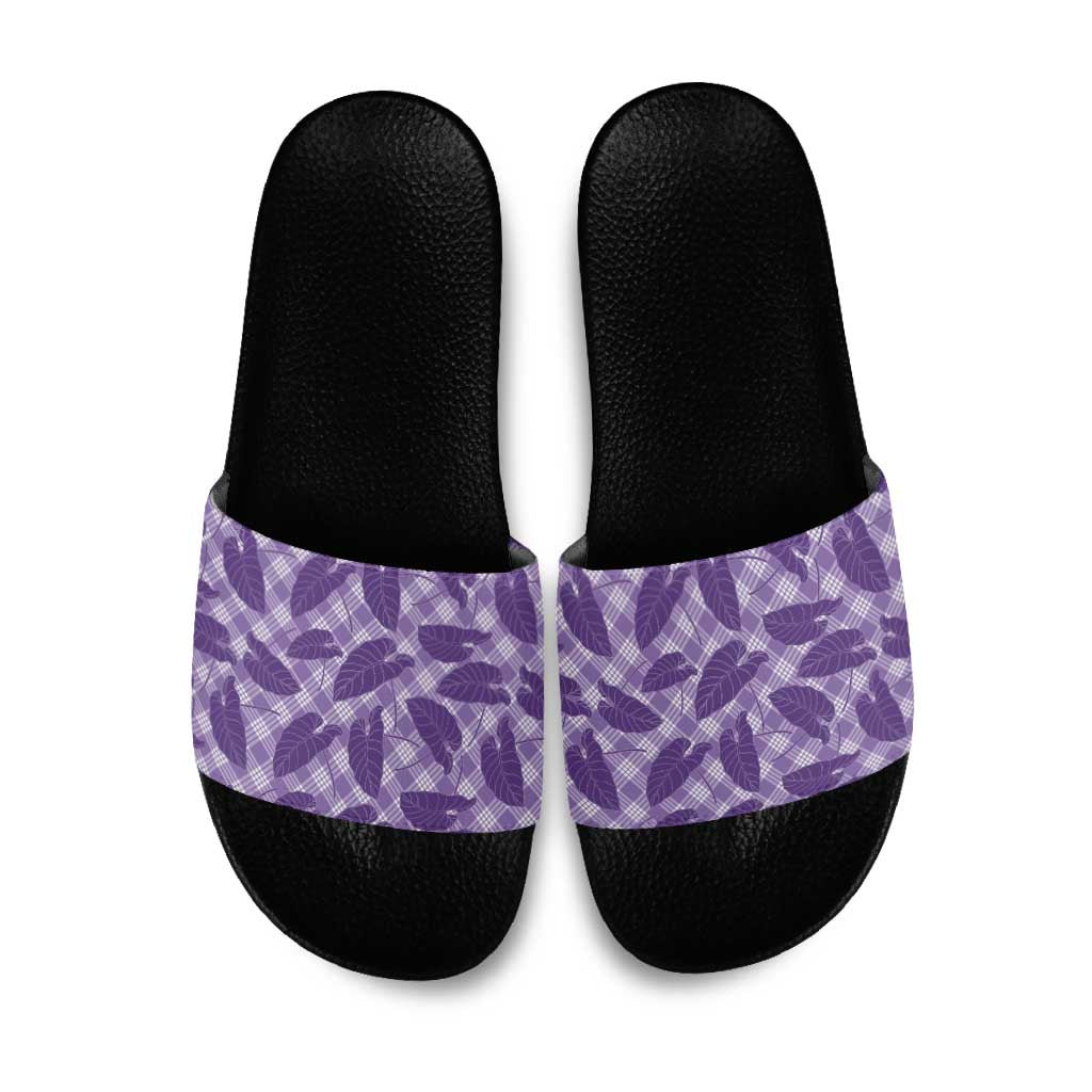 Purple Hawaii Kalo Palaka Motifs Slide Sandals Hawaiian Taro Leaves Elegant Vibes - Polynesian Pride