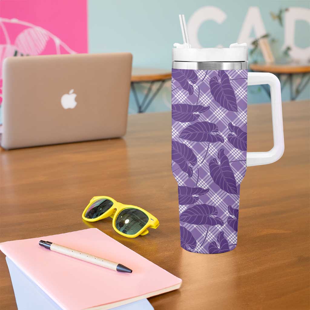 Purple Hawaii Kalo Palaka Motifs Tumbler With Handle Hawaiian Taro Leaves Elegant Vibes - Polynesian Pride