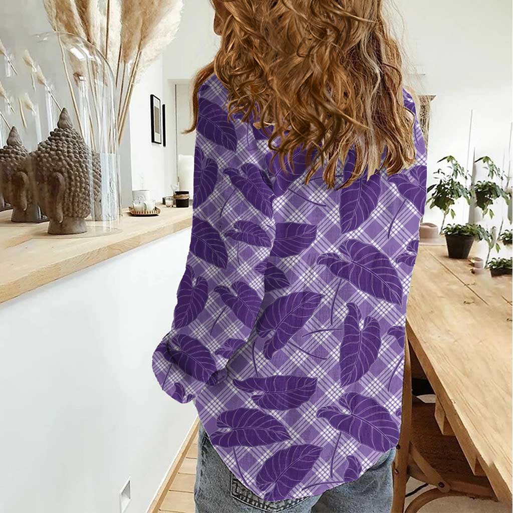 Purple Hawaii Kalo Palaka Motifs Women Casual Shirt Hawaiian Taro Leaves Elegant Vibes - Polynesian Pride