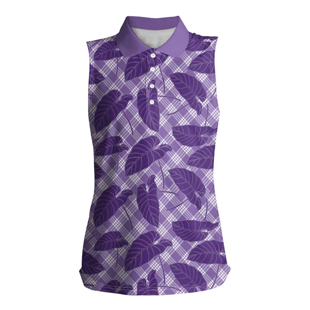 Purple Hawaii Kalo Palaka Motifs Women Sleeveless Polo Shirt Hawaiian Taro Leaves Elegant Vibes - Polynesian Pride