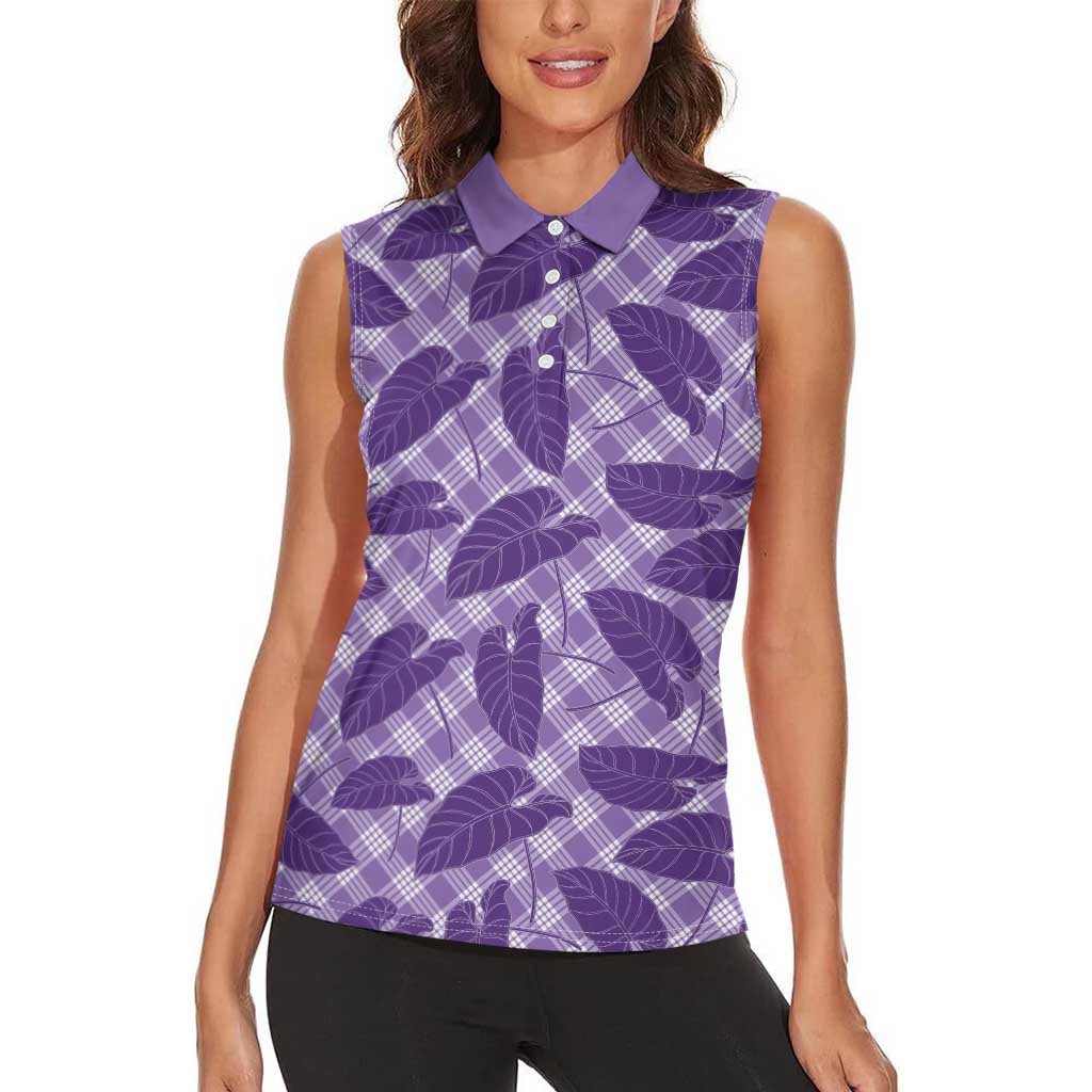 Purple Hawaii Kalo Palaka Motifs Women Sleeveless Polo Shirt Hawaiian Taro Leaves Elegant Vibes - Polynesian Pride