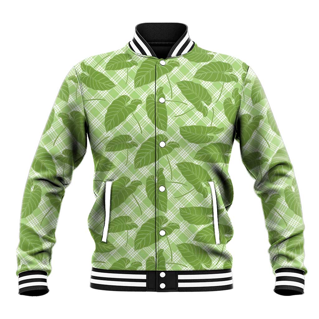 Green Hawaii Kalo Palaka Motifs Baseball Jacket Hawaiian Taro Leaves Elegant Vibes - Polynesian Pride
