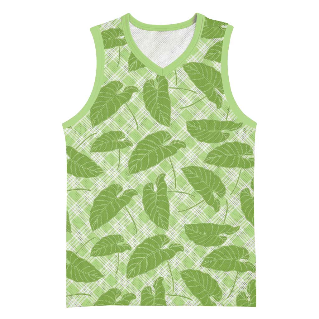 Green Hawaii Kalo Palaka Motifs Basketball Jersey Hawaiian Taro Leaves Elegant Vibes - Polynesian Pride
