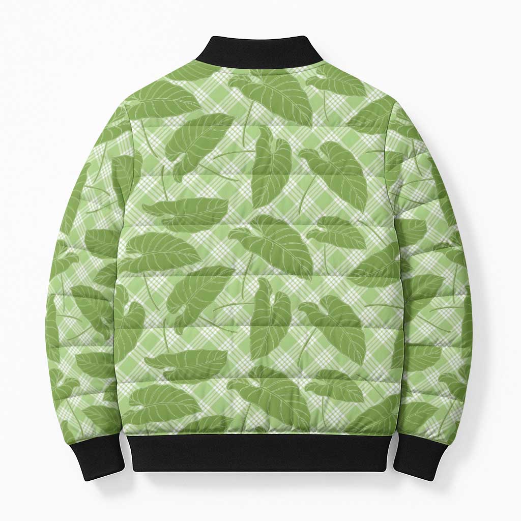 Green Hawaii Kalo Palaka Motifs Bomber Puffer Jacket Hawaiian Taro Leaves Elegant Vibes - Polynesian Pride