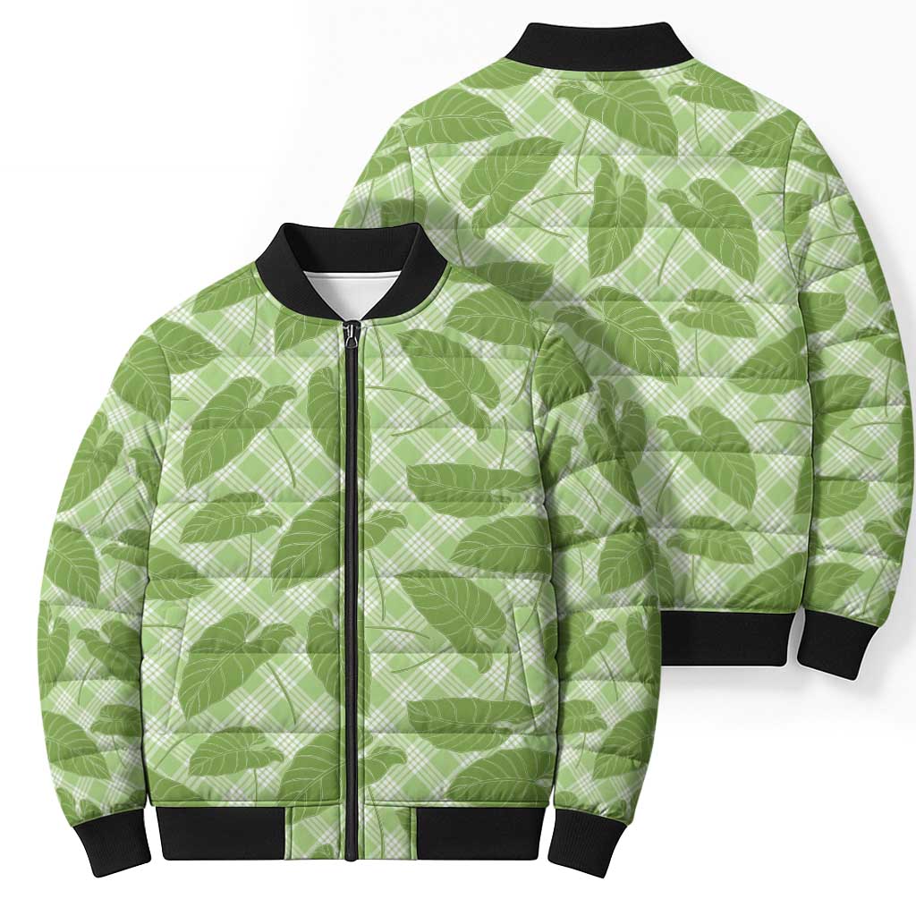 Green Hawaii Kalo Palaka Motifs Bomber Puffer Jacket Hawaiian Taro Leaves Elegant Vibes - Polynesian Pride