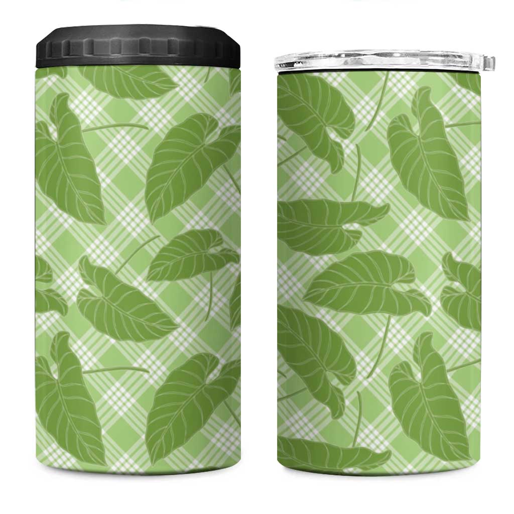 Green Hawaii Kalo Palaka Motifs 4 in 1 Can Cooler Tumbler Hawaiian Taro Leaves Elegant Vibes - Polynesian Pride