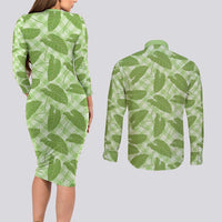 Green Hawaii Kalo Palaka Motifs Couples Matching Long Sleeve Bodycon Dress and Long Sleeve Button Shirt Hawaiian Taro Leaves Elegant Vibes - Polynesian Pride