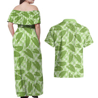 Green Hawaii Kalo Palaka Motifs Couples Matching Off Shoulder Maxi Dress and Hawaiian Shirt Hawaiian Taro Leaves Elegant Vibes - Polynesian Pride