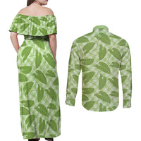 Green Hawaii Kalo Palaka Motifs Couples Matching Off Shoulder Maxi Dress and Long Sleeve Button Shirt Hawaiian Taro Leaves Elegant Vibes - Polynesian Pride
