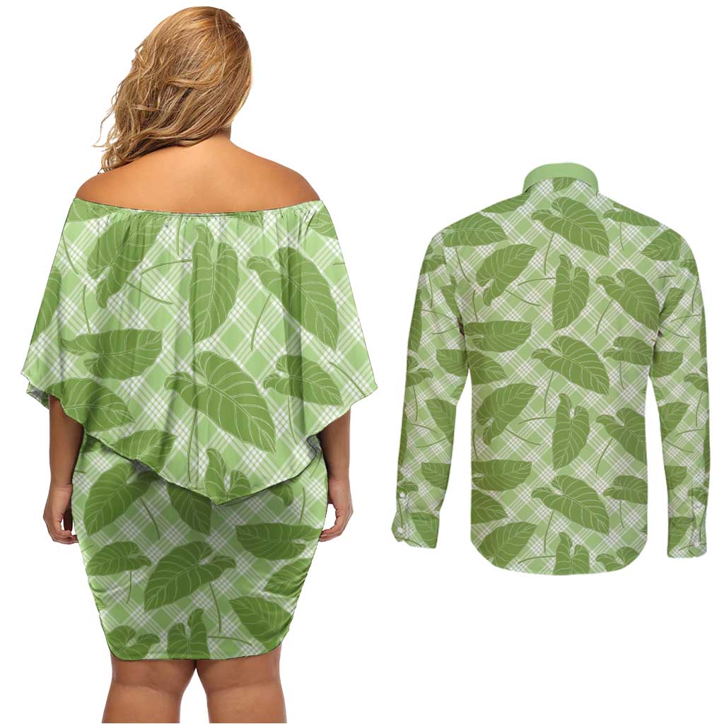 Green Hawaii Kalo Palaka Motifs Couples Matching Off Shoulder Short Dress and Long Sleeve Button Shirt Hawaiian Taro Leaves Elegant Vibes - Polynesian Pride