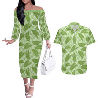 Green Hawaii Kalo Palaka Motifs Couples Matching Off The Shoulder Long Sleeve Dress and Hawaiian Shirt Hawaiian Taro Leaves Elegant Vibes - Polynesian Pride