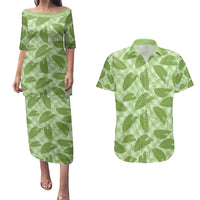 Green Hawaii Kalo Palaka Motifs Couples Matching Puletasi and Hawaiian Shirt Hawaiian Taro Leaves Elegant Vibes - Polynesian Pride